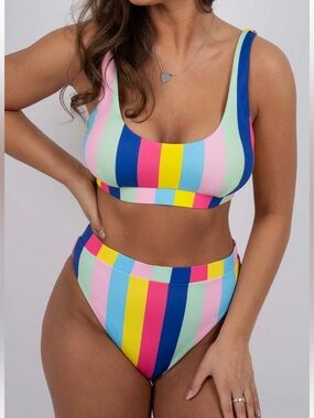 Blushing Brunette Rainbow Stripe Bikini Set Size XL NWT